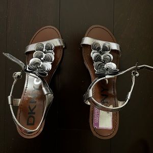 DKNY silver floral patent leather sandal with wood wedge.